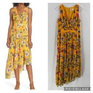 Eliza J Swiss Dot Yellow Floral Midi Asymmetrical Tiered Skirt Surplice Dress 10